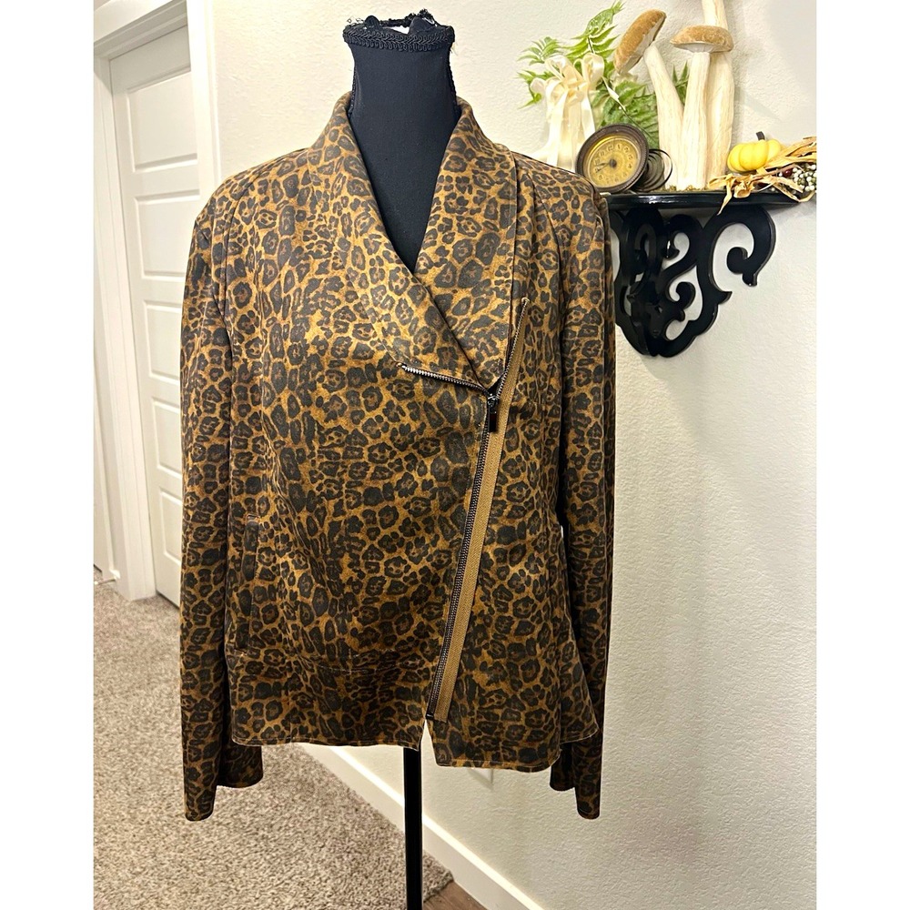 Philosophy Republic Women's Leopard Print Asymmetric Zip Jacket XL Faux Suede